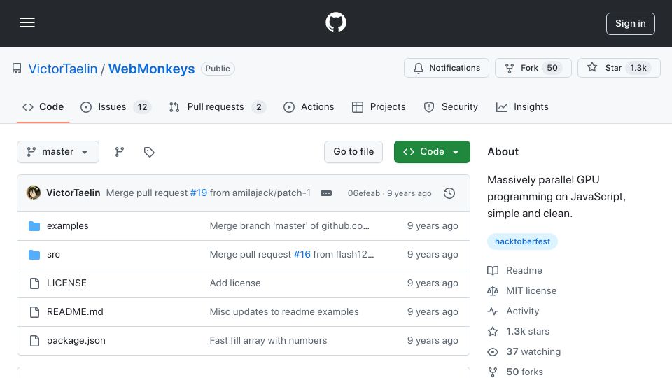 Screenshot of github.com: WebMonkeys: parallel GPU programming in JavaScript (2016)
