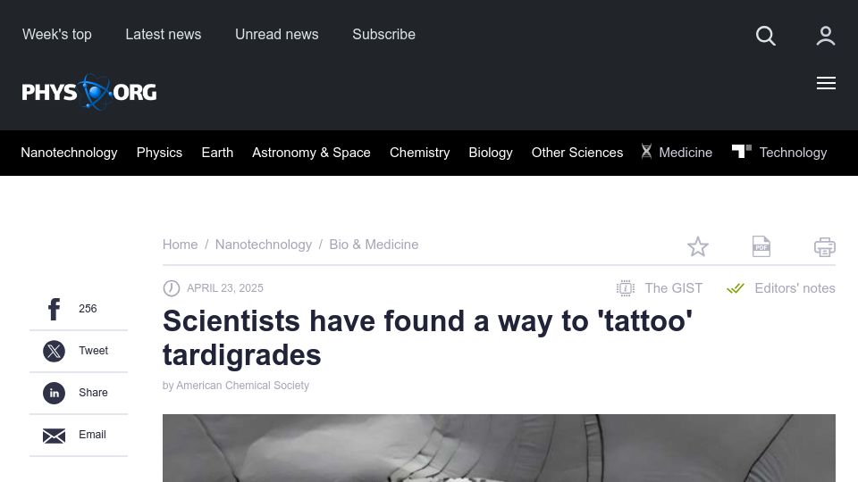 Screenshot of phys.org: Scientists have found a way to 'tattoo' tardigrades