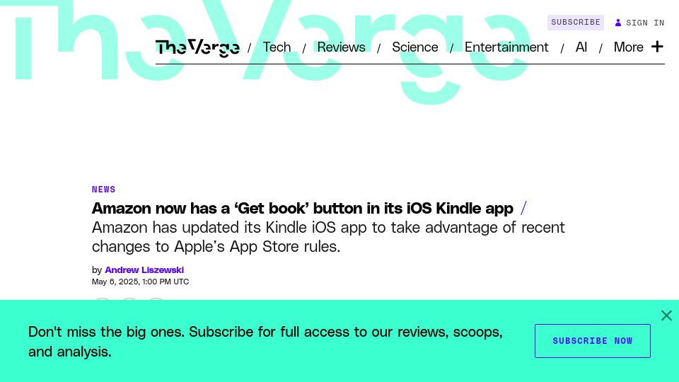 Screenshot of theverge.com: iOS Kindle app now has a ‘get book’ button after changes to App Store rules