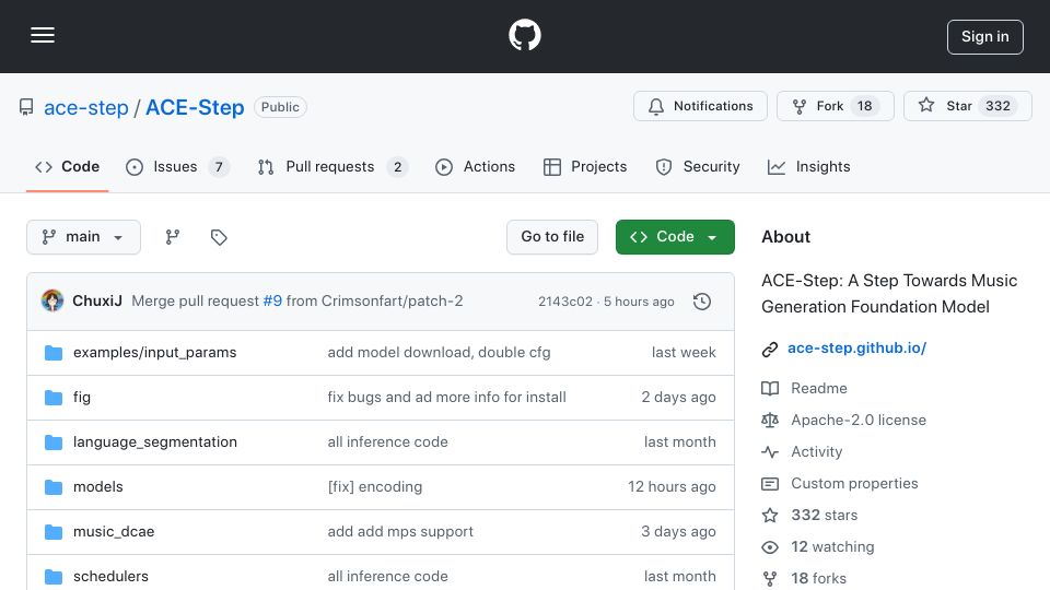 Screenshot of github.com: ACE-Step: A step towards music generation foundation model