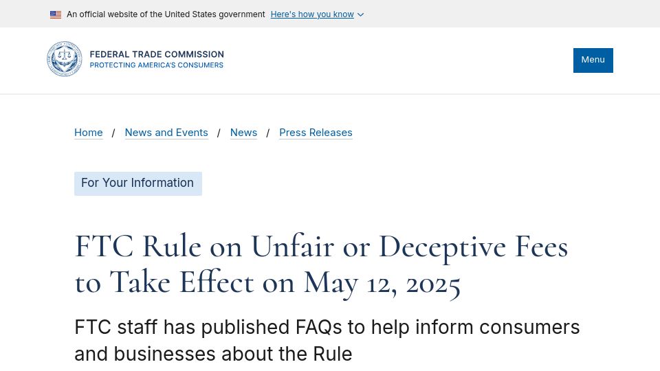 Screenshot of ftc.gov: FTC rule on unfair or deceptive fees to take effect on May 12