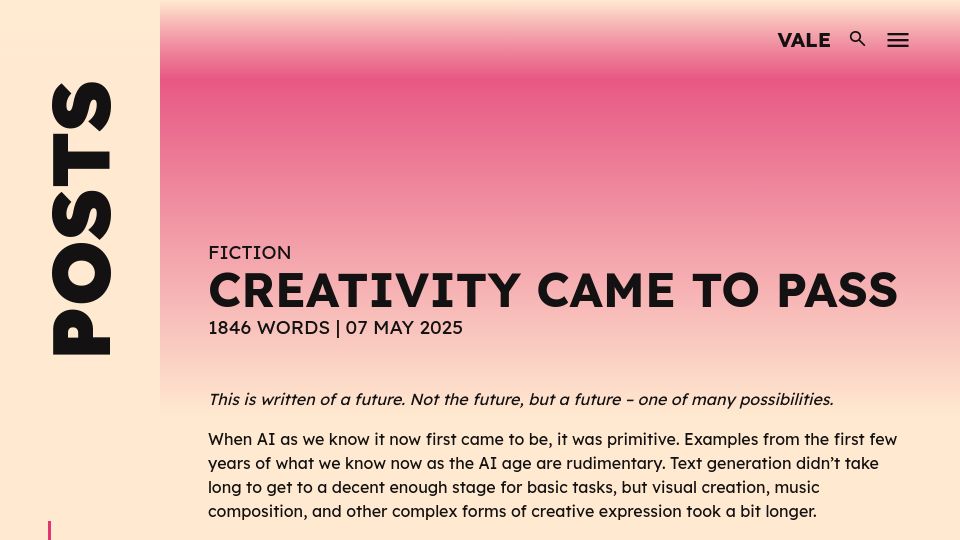Screenshot of vale.rocks: Creativity came to pass