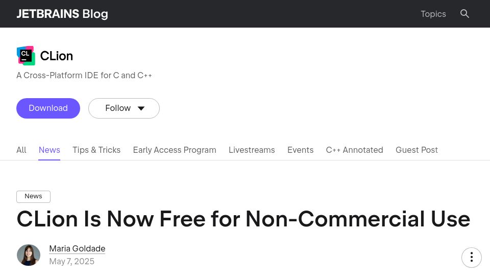 Screenshot of blog.jetbrains.com: CLion Is Now Free for Non-Commercial Use