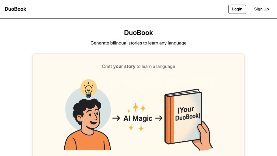 Screenshot of duobook.co: DuoBook: Generate bilingual stories to learn any language