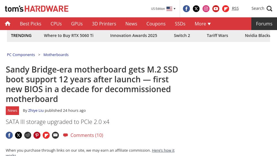 Screenshot of tomshardware.com: Sandy Bridge-era motherboard gets M.2 SSD boot support 12 years after launch