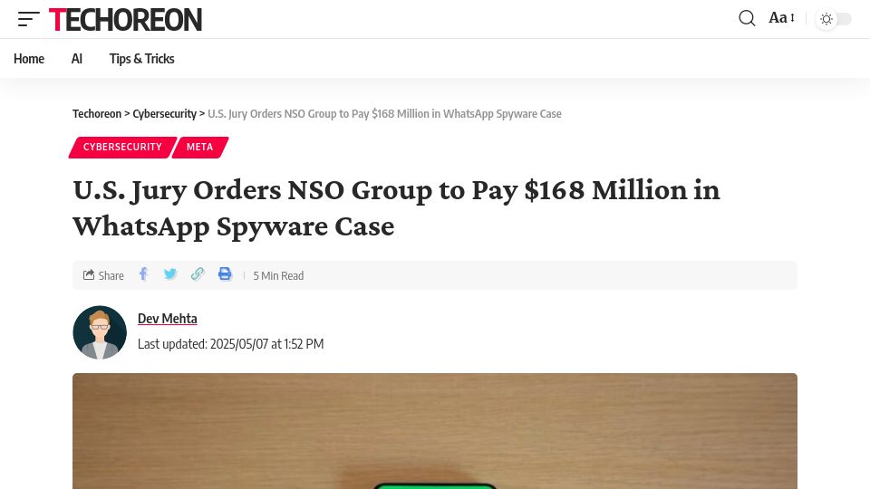 Screenshot of techoreon.com: U.S. Jury Orders NSO Group to Pay $168M in WhatsApp Spyware Case