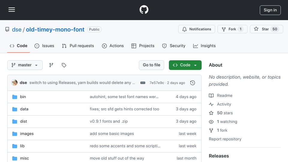 Screenshot of github.com: Old Timey Code and Old Timey Mono Fonts