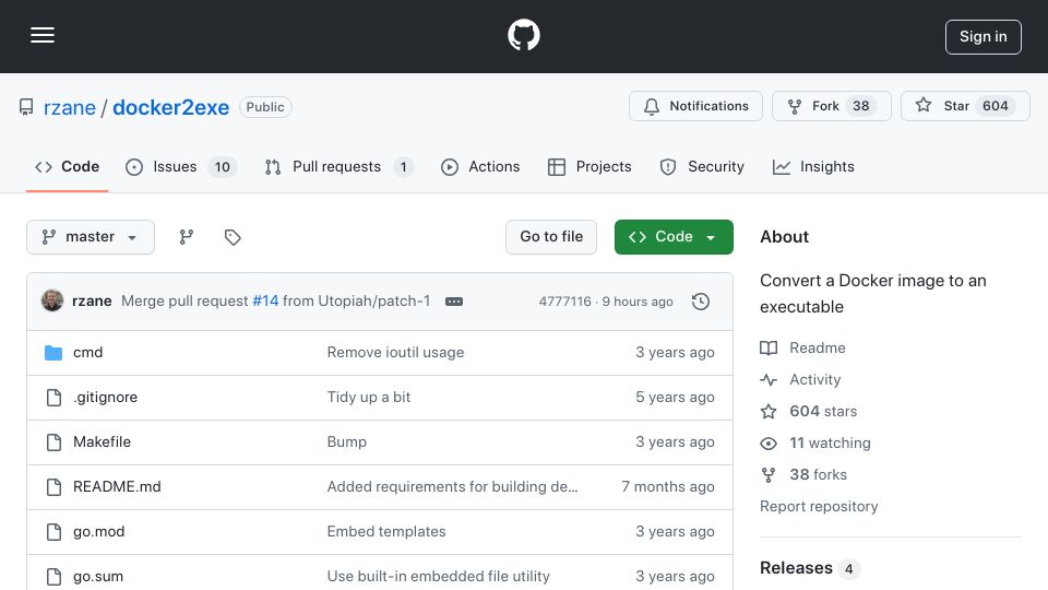 Screenshot of github.com: docker2exe: Convert a Docker image to an executable