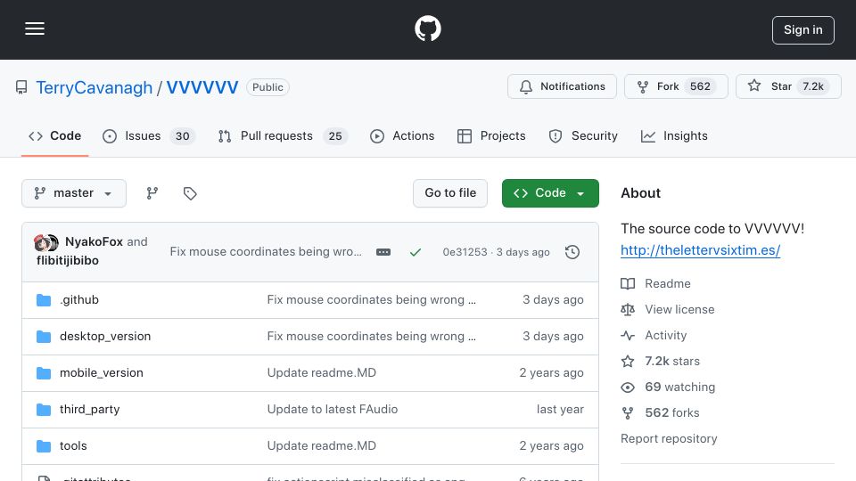 Screenshot of github.com: VVVVVV Source Code