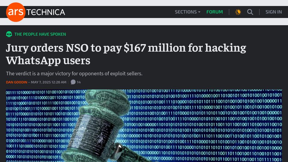 Screenshot of arstechnica.com: Jury orders NSO to pay $167M for hacking WhatsApp users