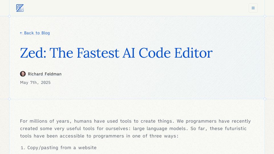 Screenshot of zed.dev: Zed: High-performance AI Code Editor