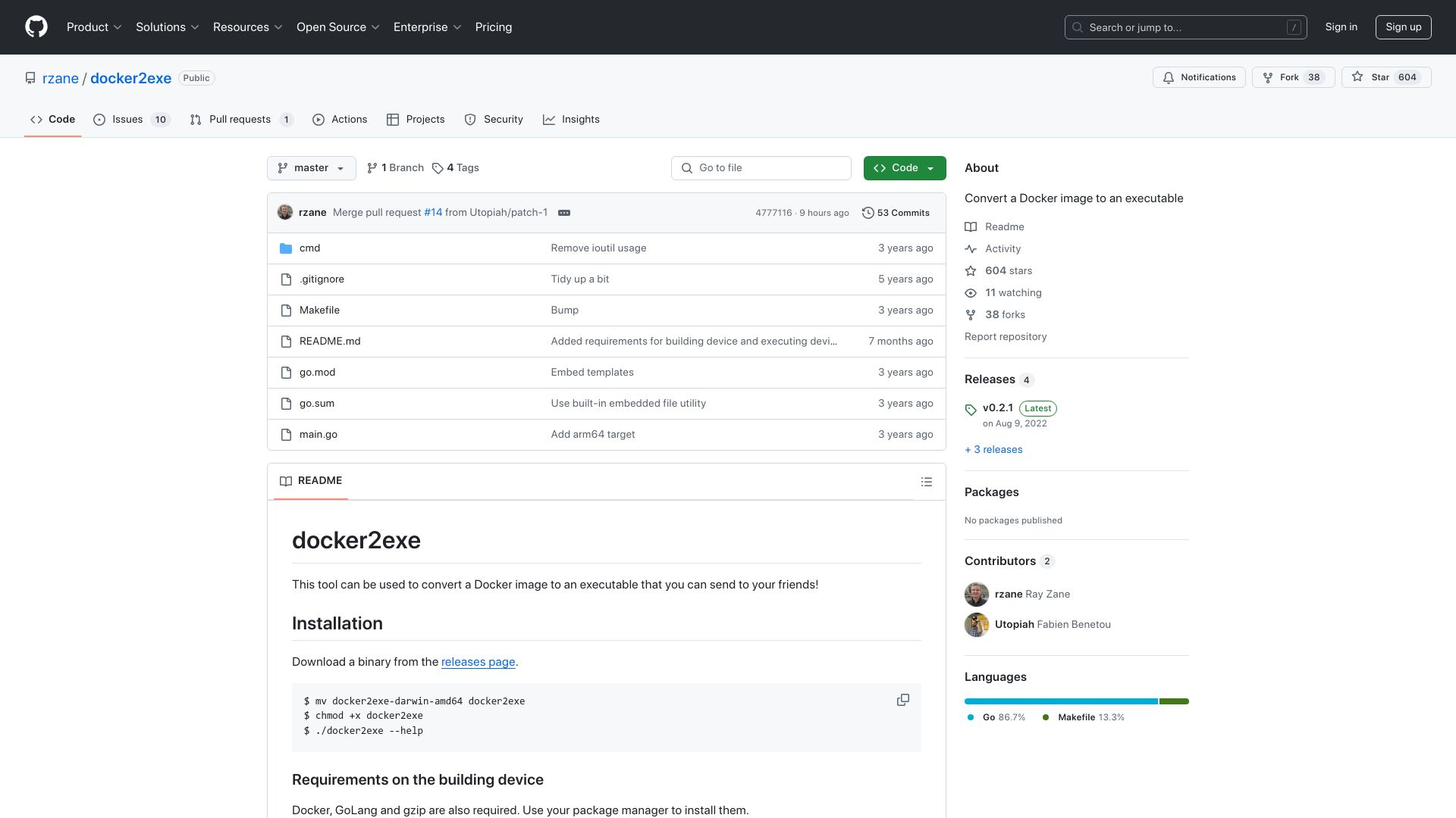 Screenshot of github.com: docker2exe: Convert a Docker image to an executable