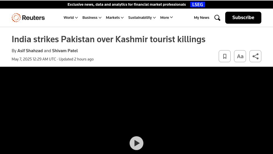 Screenshot of reuters.com: India launches attack on 9 sites in Pakistan and Pakistani Jammu and Kashmir