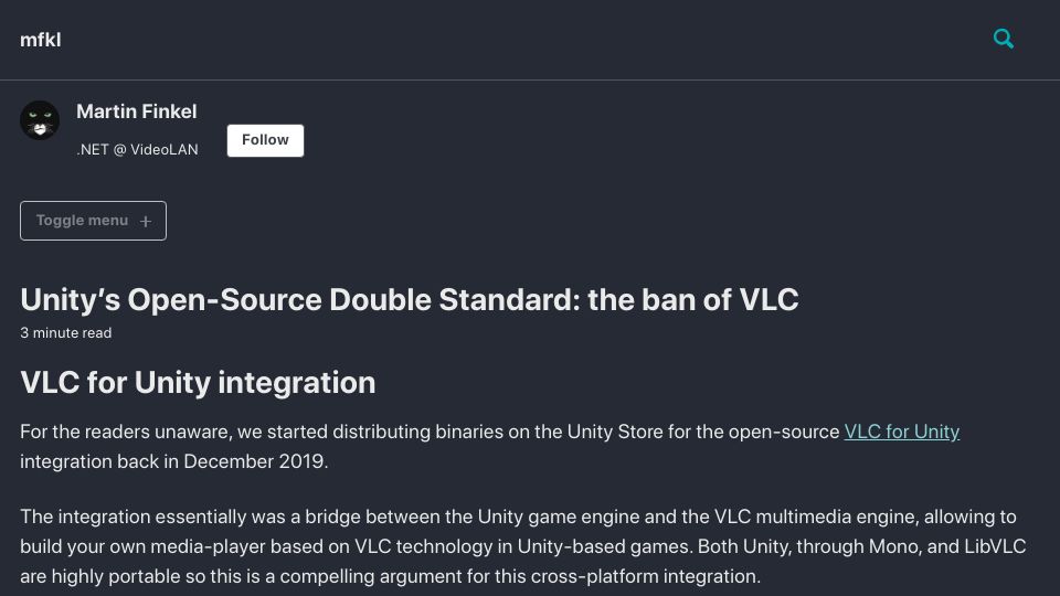 Screenshot of mfkl.github.io: Unity’s Open-Source Double Standard: the ban of VLC