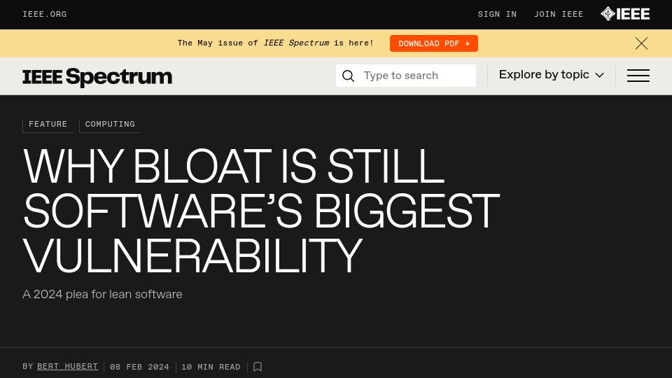 Screenshot of spectrum.ieee.org: Bloat is still software's biggest vulnerability (2024)