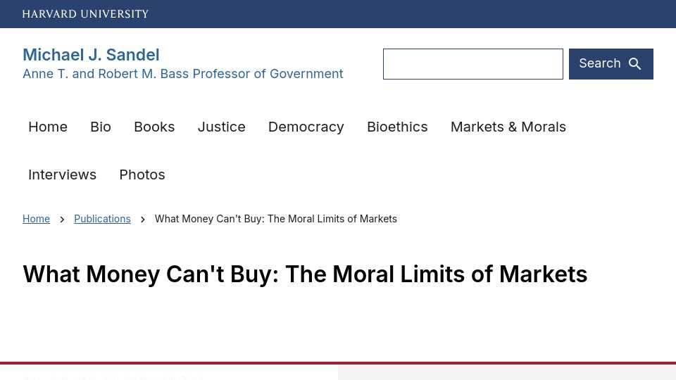 Screenshot of sandel.scholars.harvard.edu: What Money Can't Buy: The Moral Limits of Markets