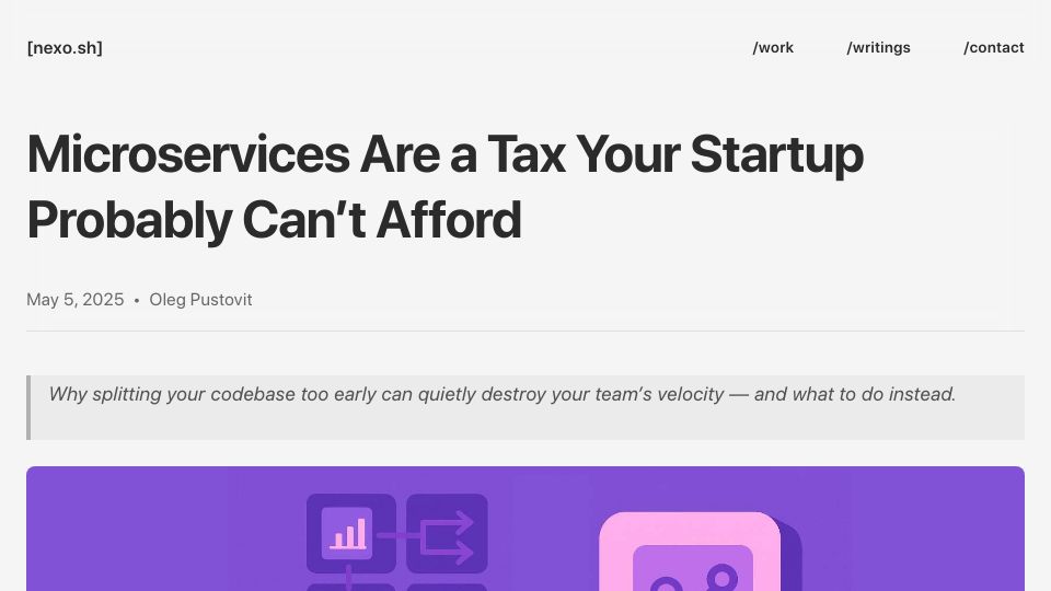Screenshot of nexo.sh: Microservices are a tax your startup probably can't afford