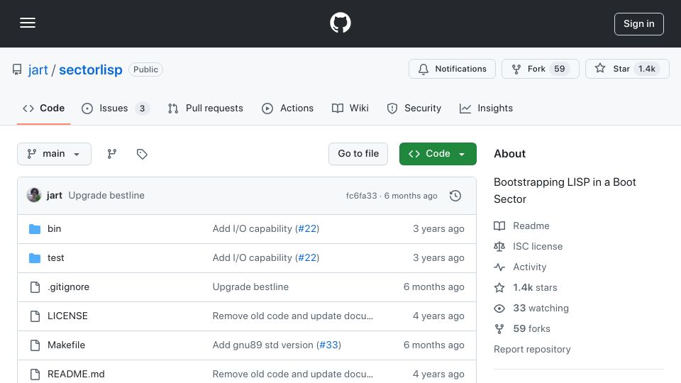 Screenshot of github.com: Bootstrapping Lisp in a Boot Sector