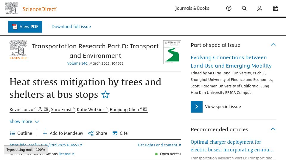 Screenshot of sciencedirect.com: Heat stress mitigation by trees and shelters at bus stops