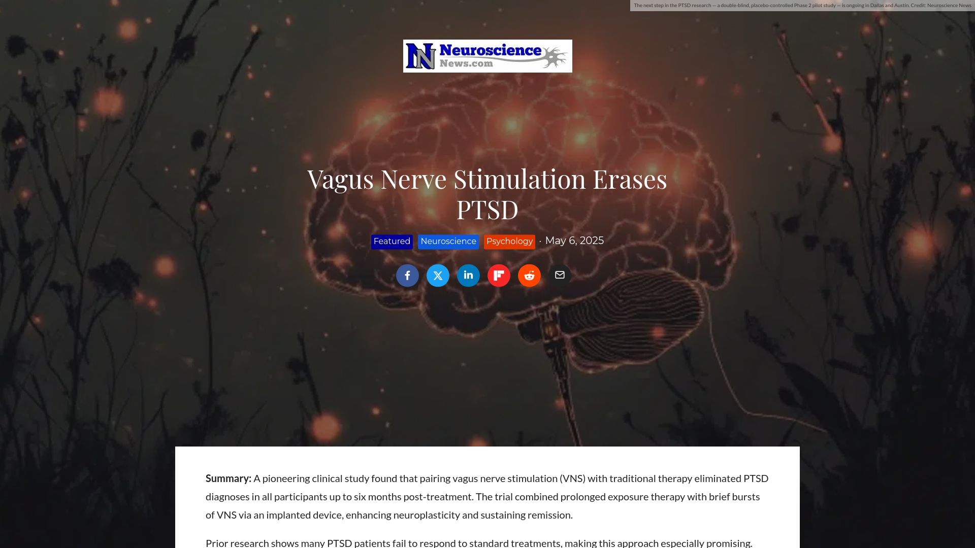 Screenshot of neurosciencenews.com: Vagus Nerve Stimulation Erases PTSD: Study