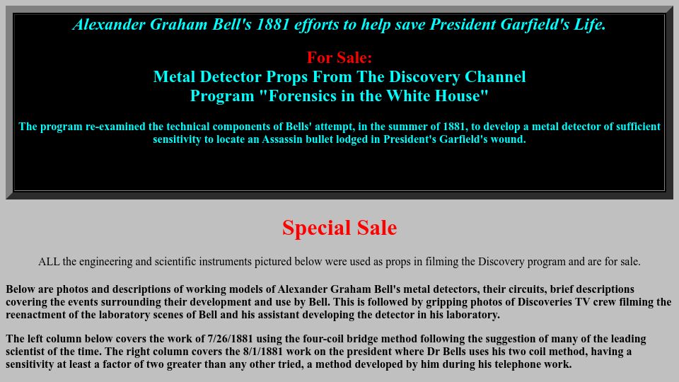 Screenshot of scitechantiques.com: Bell's 1881 Metal detector