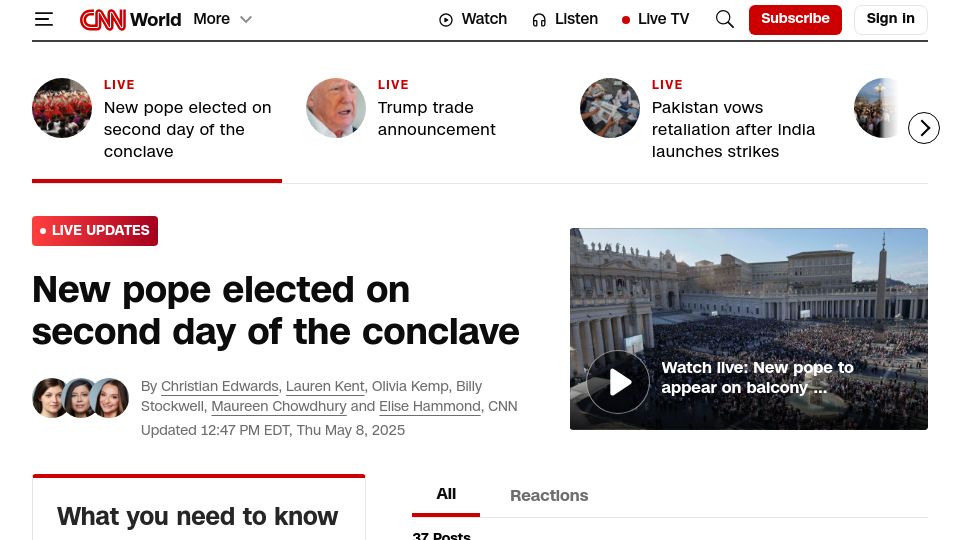 Screenshot of cnn.com: First American pope elected and will be known as Pope Leo XIV