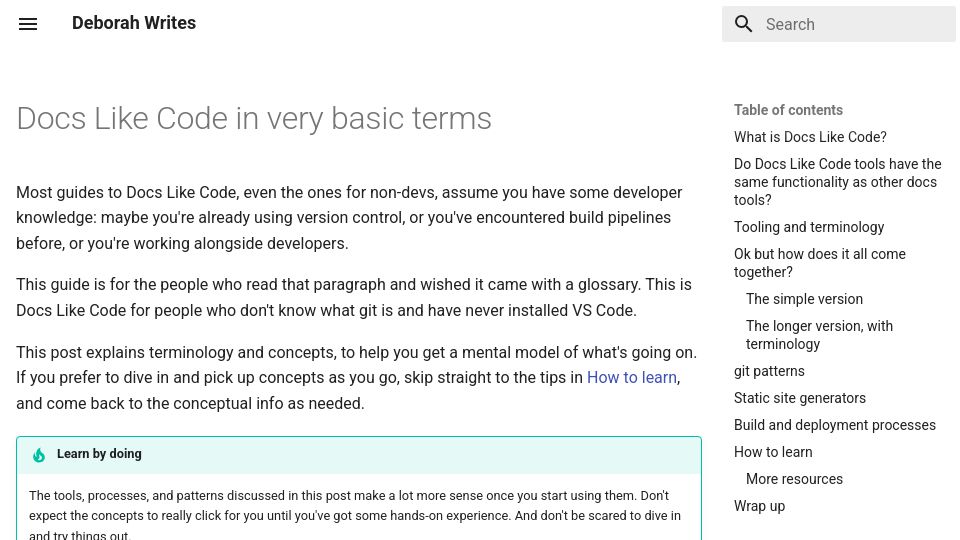 Screenshot of deborahwrites.com: Docs like code in basic terms
