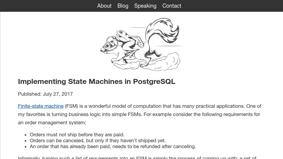Screenshot of felixge.de: Implementing State Machines in PostgreSQL (2017)