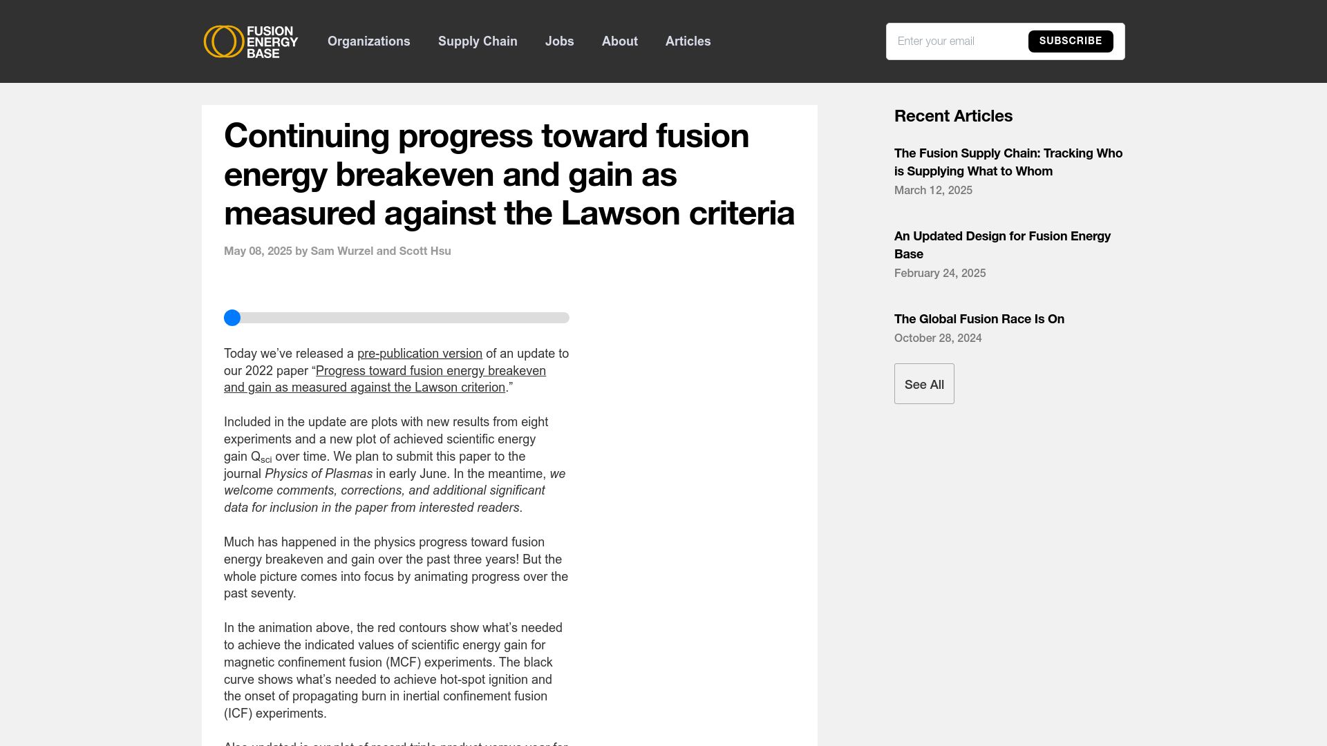 Screenshot of fusionenergybase.com: Progress toward fusion energy gain as measured against the Lawson criteria