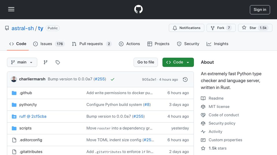 Screenshot of github.com: Ty: A fast Python type checker and language server