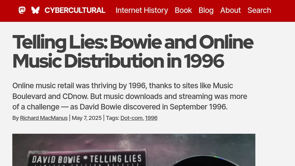Screenshot of cybercultural.com: Telling Lies: Bowie and Online Music Distribution in 1996