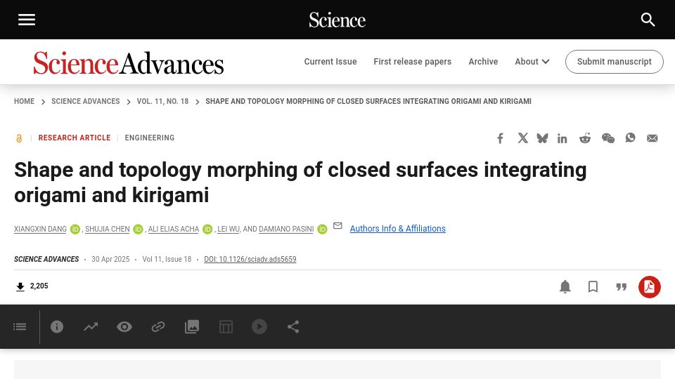 Screenshot of science.org: Shape and topology morphing of closed surfaces integrating origami and kirigami