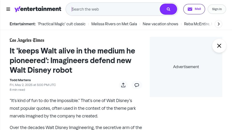 Screenshot of yahoo.com: Imagineers defend new Walt Disney robot