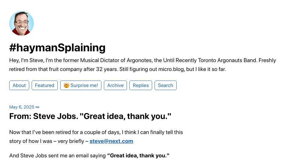 Screenshot of blog.hayman.net: From: Steve Jobs. "Great idea, thank you."