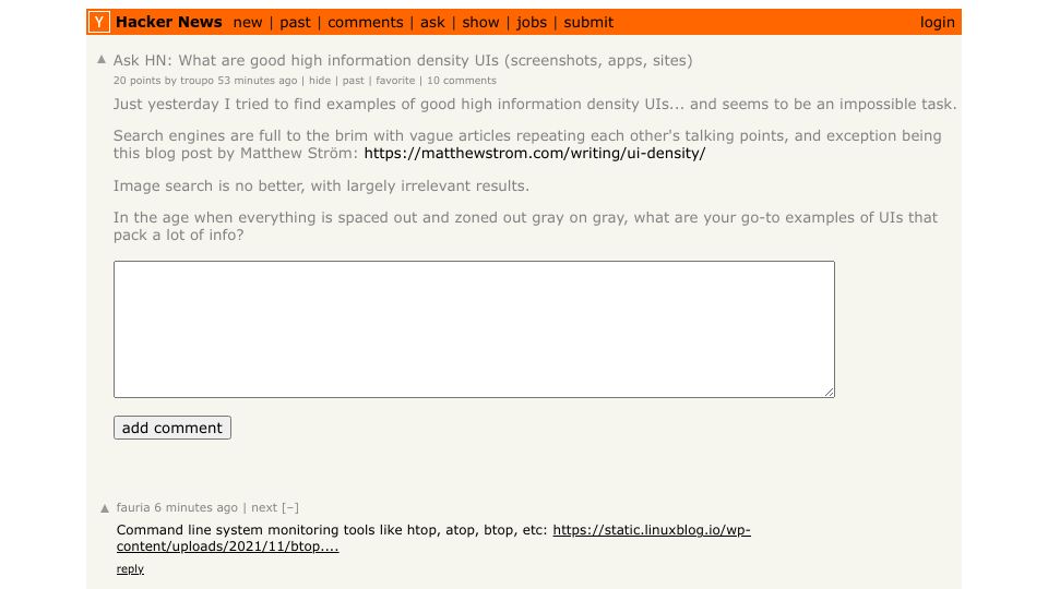 Screenshot of Hacker News post: Ask HN: What are good high-information density UIs (screenshots, apps, sites)?