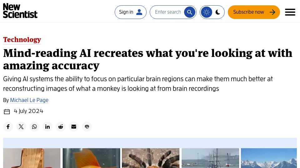 Screenshot of newscientist.com: AI focused on brain regions recreates what you're looking at (2024)