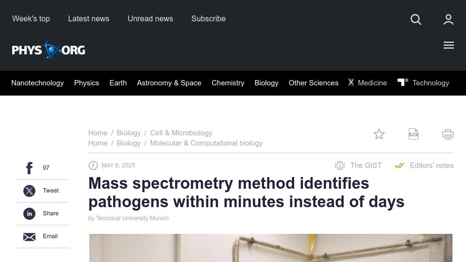 Screenshot of phys.org: Mass spectrometry method identifies pathogens within minutes instead of days