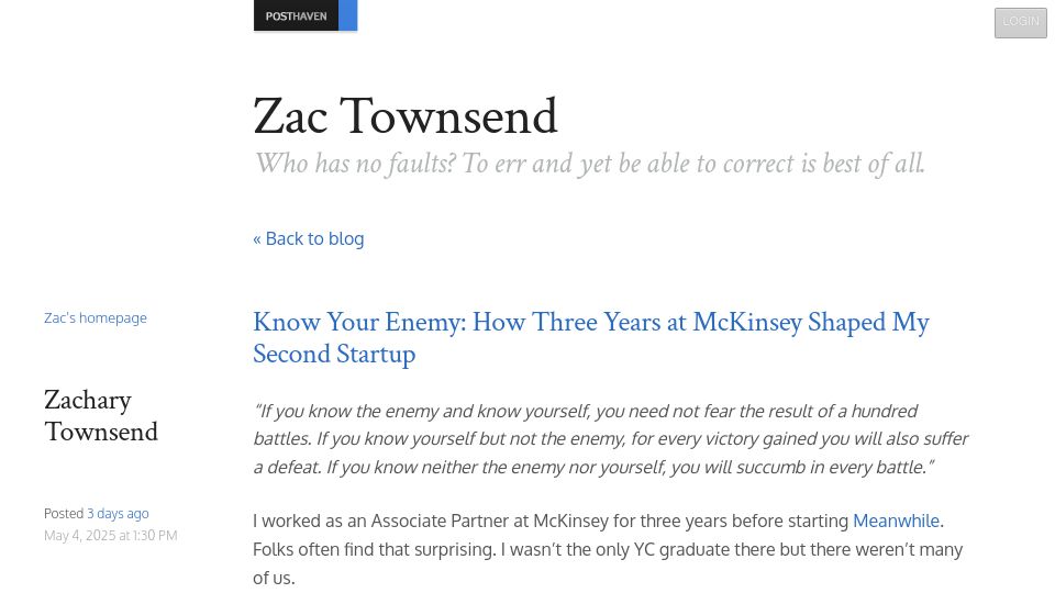 Screenshot of blog.zactownsend.com: How three years at McKinsey shaped my second startup
