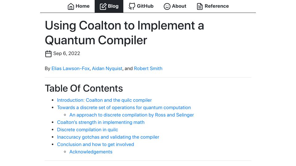 Screenshot of coalton-lang.github.io: Using Coalton to implement a quantum compiler (2022)