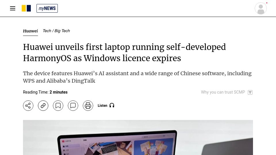 Screenshot of scmp.com: Huawei unveils laptop running self-developed HarmonyOS as Windows licence expire
