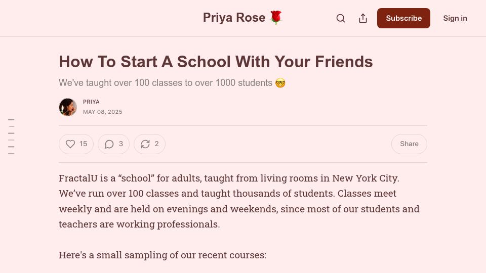 Screenshot of prigoose.substack.com: How to start a school with your friends