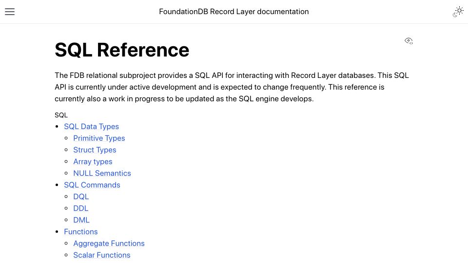 Screenshot of foundationdb.github.io: Foundation DB Record Layer SQL API