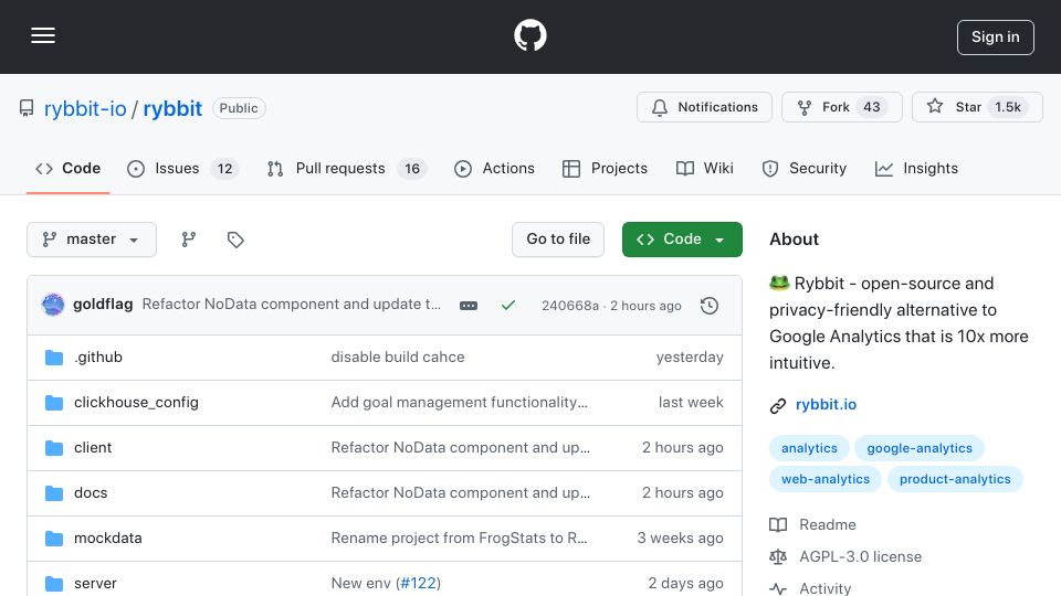 Screenshot of github.com: Open source Google Analytics replacement