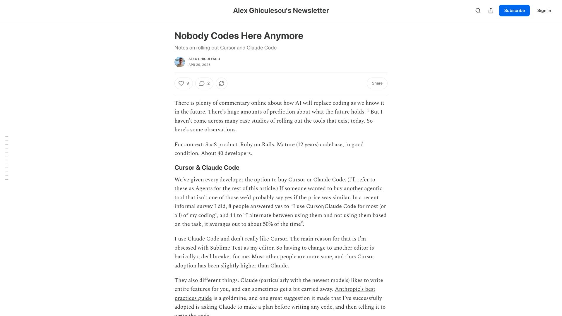 Screenshot of ghiculescu.substack.com: Notes on rolling out Cursor and Claude Code