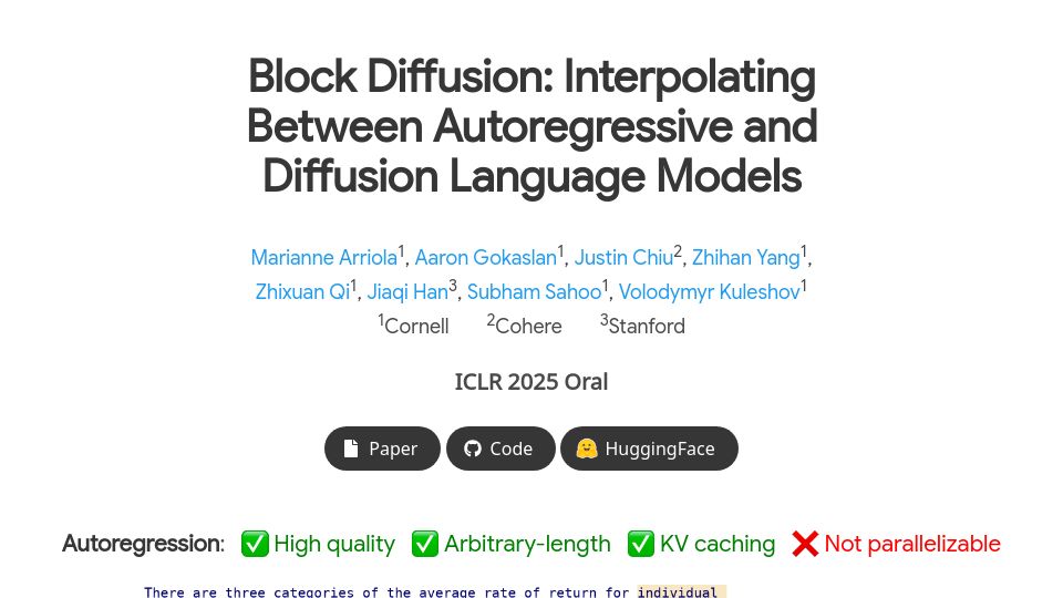 Screenshot of m-arriola.com: Block Diffusion: Interpolating Autoregressive and Diffusion Language Models