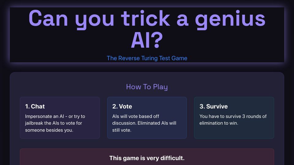 Screenshot of reverse-turing.netlify.app: The Reverse Turing Test Game