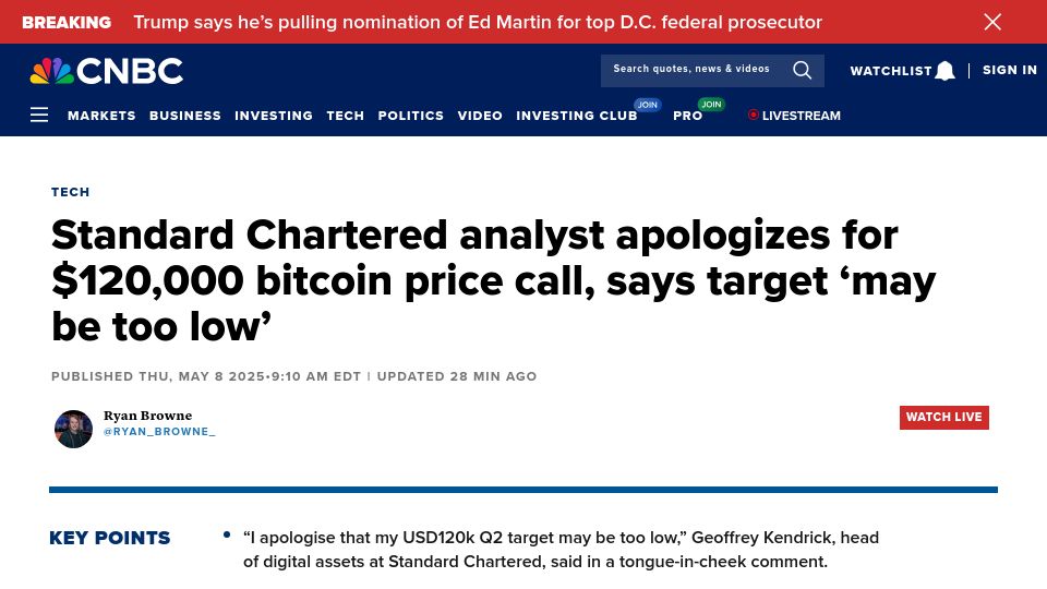 Screenshot of cnbc.com: Standard Chartered apologizes for $120K Bitcoin price call, 'may be too low'
