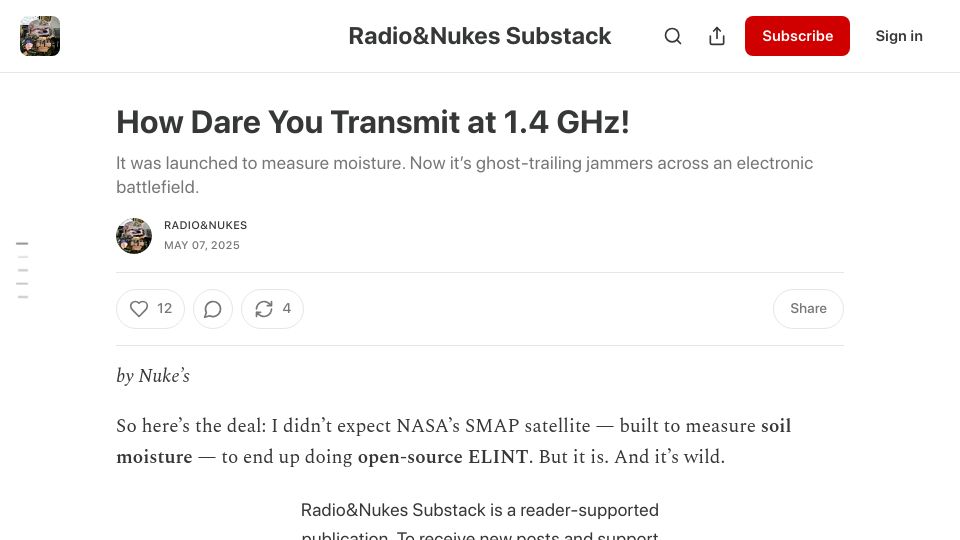 Screenshot of radioandnukes.substack.com: Using NASA’s SMAP satellite to detect L-band interference