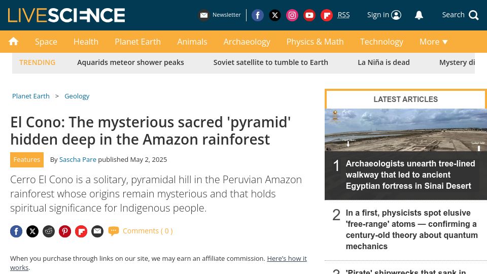 Screenshot of livescience.com: El Cono: The mysterious sacred 'pyramid' hidden deep in the Amazon rainforest