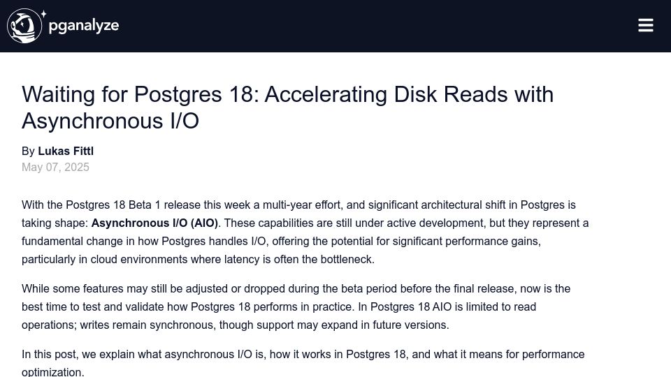 Screenshot of pganalyze.com: Waiting for Postgres 18: Accelerating Disk Reads with Asynchronous I/O